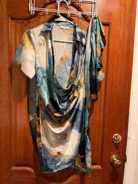 Blush BJ Satin Dress M Watercolor Abstract Print Cowl Neck with Scarf Sash